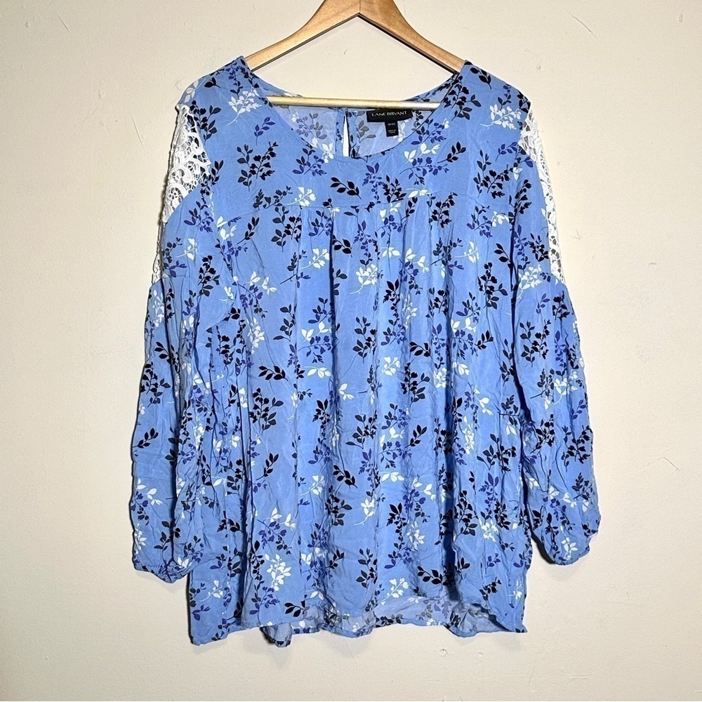 Lane Bryant Blue Floral Print Lace Long Sleeve Top Size 18/20 Women